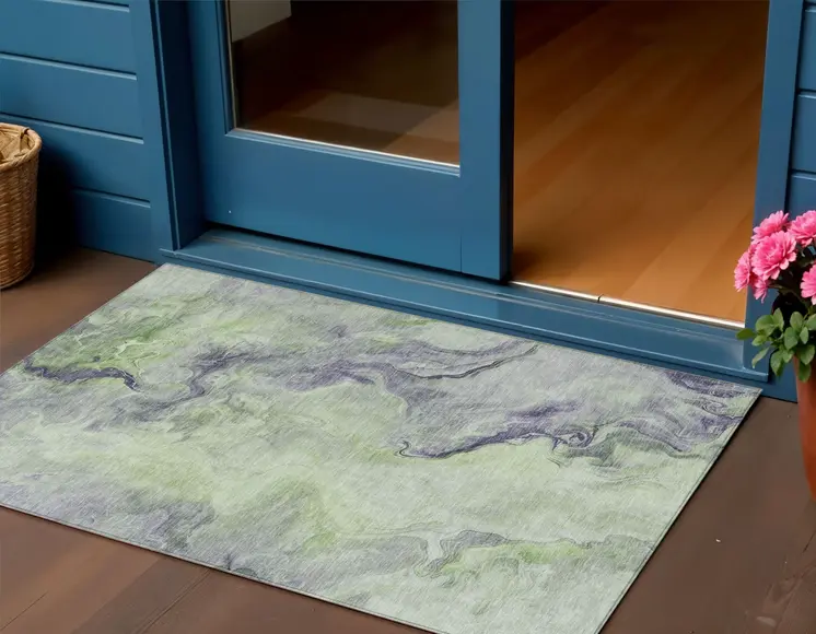 3' X 5' Artichoke Green And Lavender Abstract Washable Indoor Outdoor Area Rug