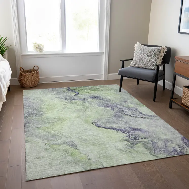 3' X 5' Artichoke Green And Lavender Abstract Washable Indoor Outdoor Area Rug