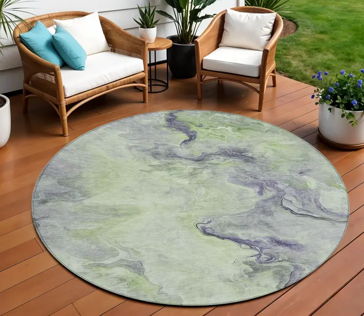 8' Artichoke Green And Lavender Round Abstract Washable Indoor Outdoor Area Rug