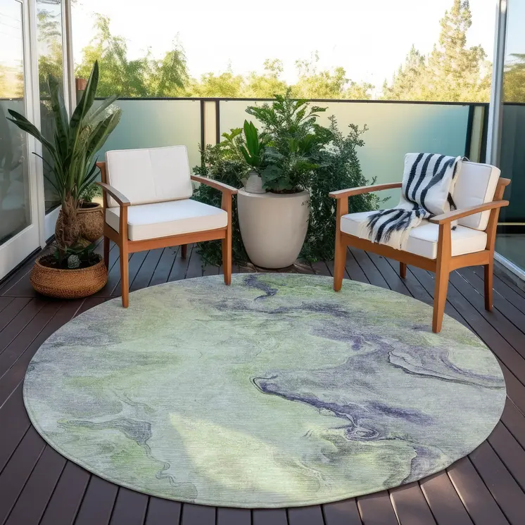 8' Artichoke Green And Lavender Round Abstract Washable Indoor Outdoor Area Rug