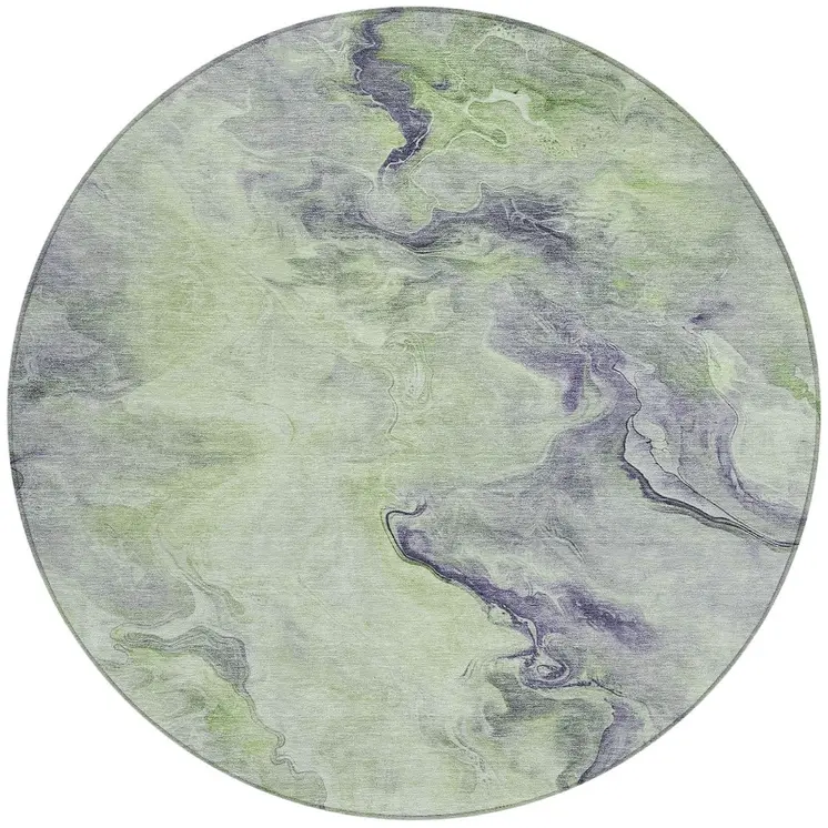 8' Artichoke Green And Lavender Round Abstract Washable Indoor Outdoor Area Rug