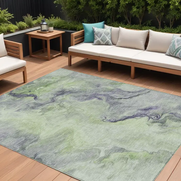 9' X 12' Artichoke Green And Lavender Abstract Washable Indoor Outdoor Area Rug