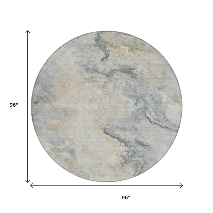 8' Beige Khaki And Gray Round Abstract Washable Indoor Outdoor Area Rug