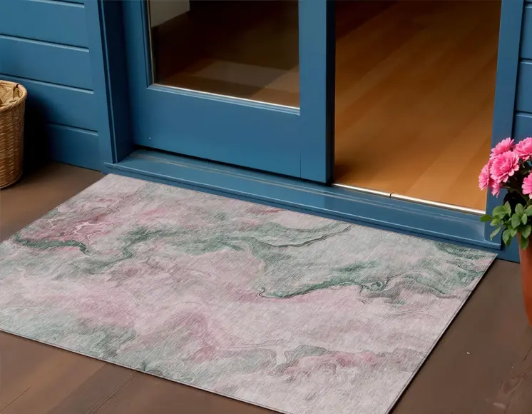 3' X 5' Blush And Sage Abstract Washable Indoor Outdoor Area Rug