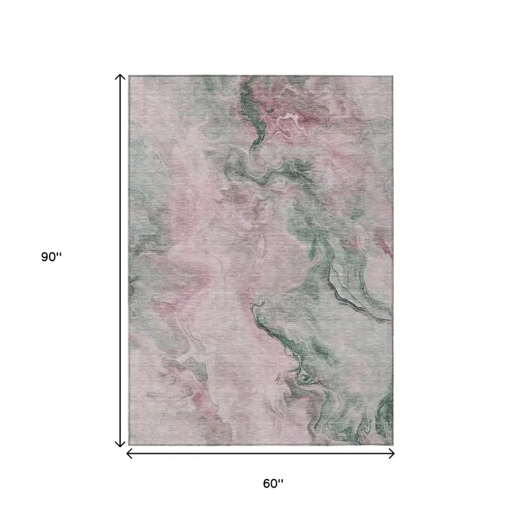 5' X 8' Blush And Sage Abstract Washable Indoor Outdoor Area Rug