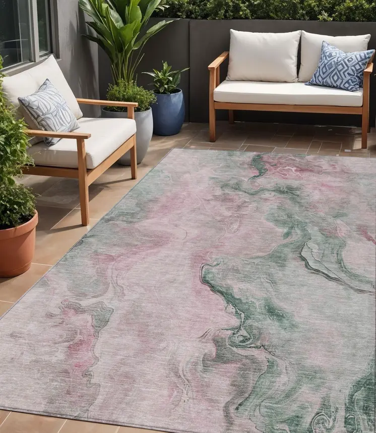 5' X 8' Blush And Sage Abstract Washable Indoor Outdoor Area Rug