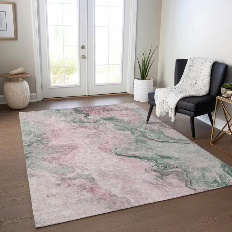 5' X 8' Blush And Sage Abstract Washable Indoor Outdoor Area Rug