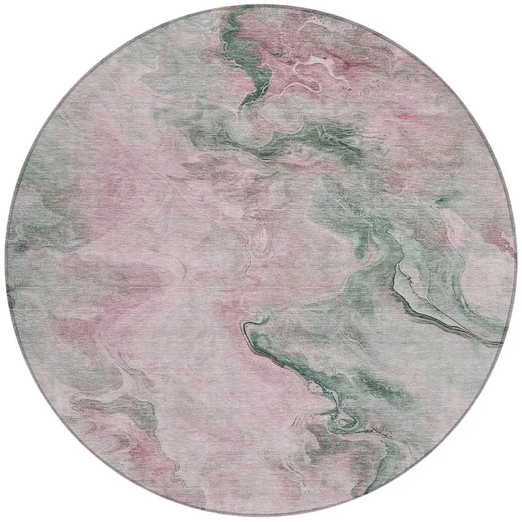 8' Blush And Sage Round Abstract Washable Indoor Outdoor Area Rug