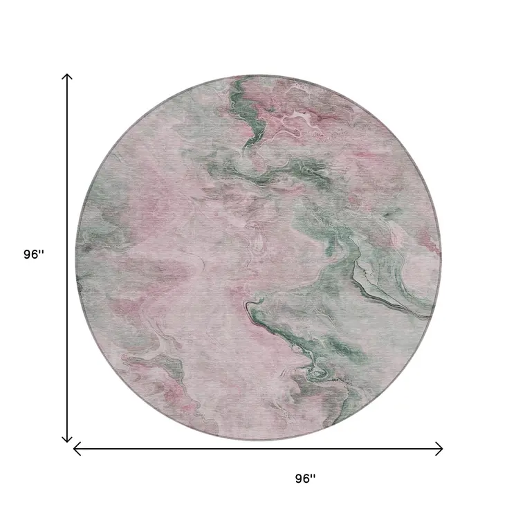 8' Blush And Sage Round Abstract Washable Indoor Outdoor Area Rug