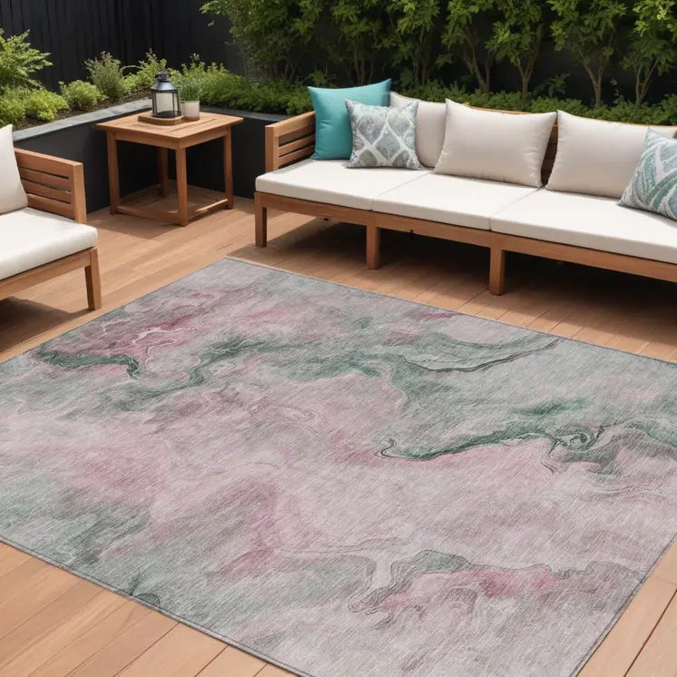 9' X 12' Blush And Sage Abstract Washable Indoor Outdoor Area Rug