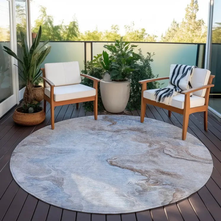 8' Blue Sky Blue And Taupe Round Abstract Washable Indoor Outdoor Area Rug