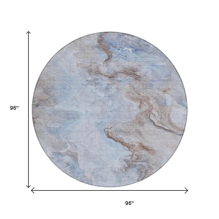 8' Blue Sky Blue And Taupe Round Abstract Washable Indoor Outdoor Area Rug