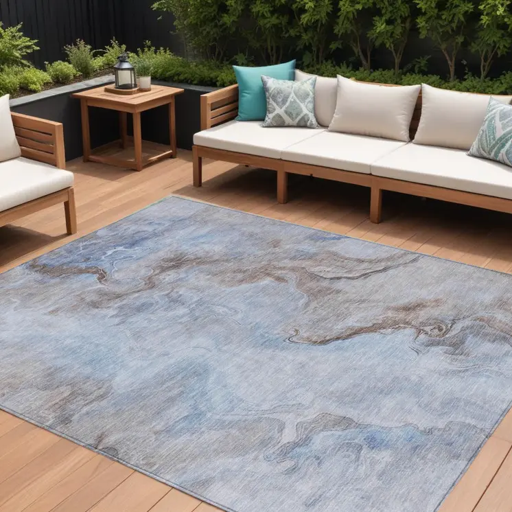 10' X 14' Blue Sky Blue And Taupe Abstract Washable Indoor Outdoor Area Rug