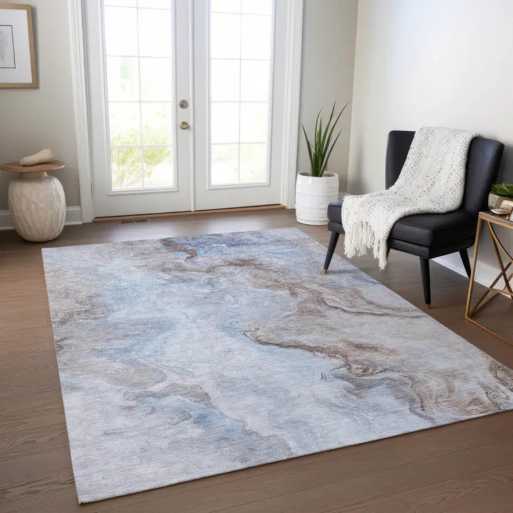 10' X 14' Blue Sky Blue And Taupe Abstract Washable Indoor Outdoor Area Rug