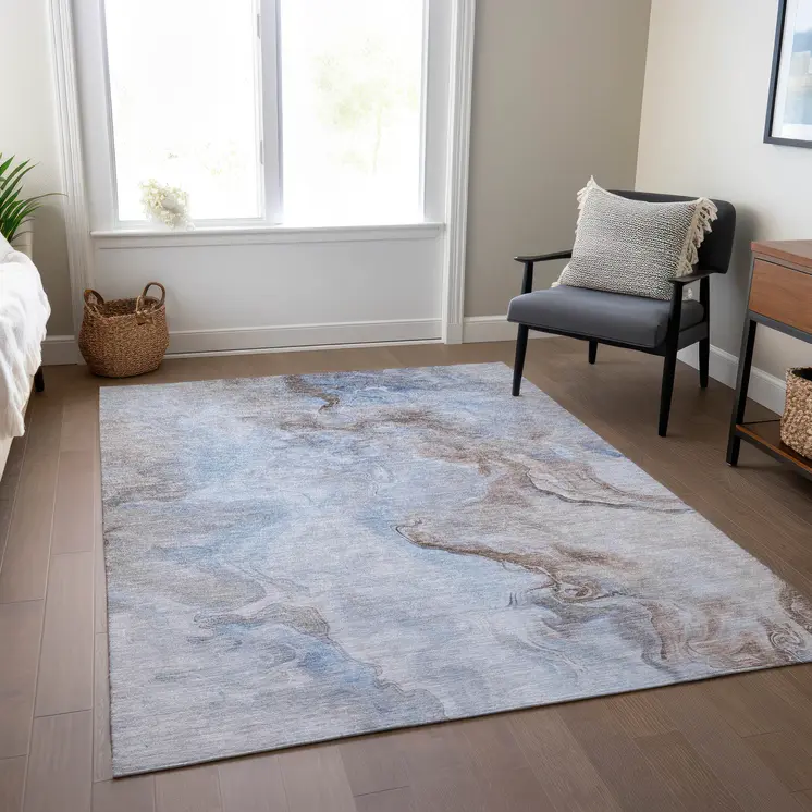 10' X 14' Blue Sky Blue And Taupe Abstract Washable Indoor Outdoor Area Rug