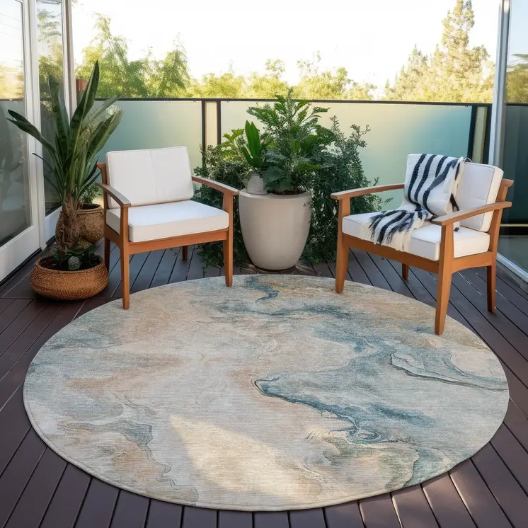 8' Teal Blue Coral And Ivory Round Abstract Washable Indoor Outdoor Area Rug