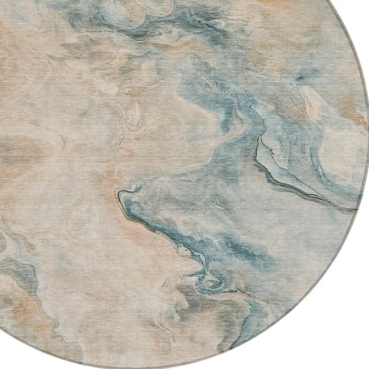 8' Teal Blue Coral And Ivory Round Abstract Washable Indoor Outdoor Area Rug