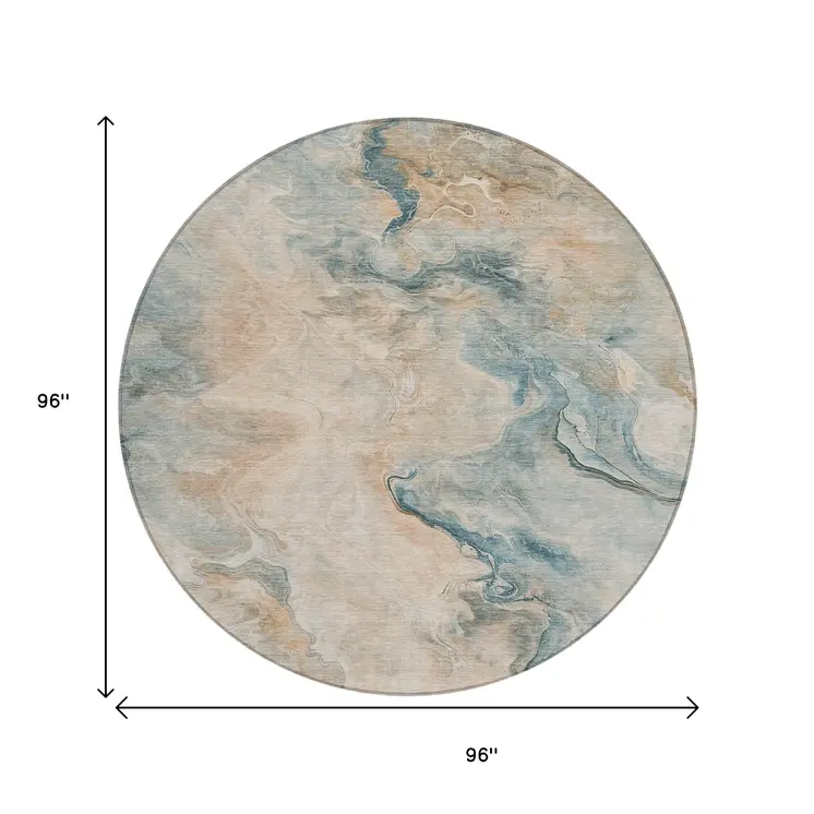 8' Teal Blue Coral And Ivory Round Abstract Washable Indoor Outdoor Area Rug