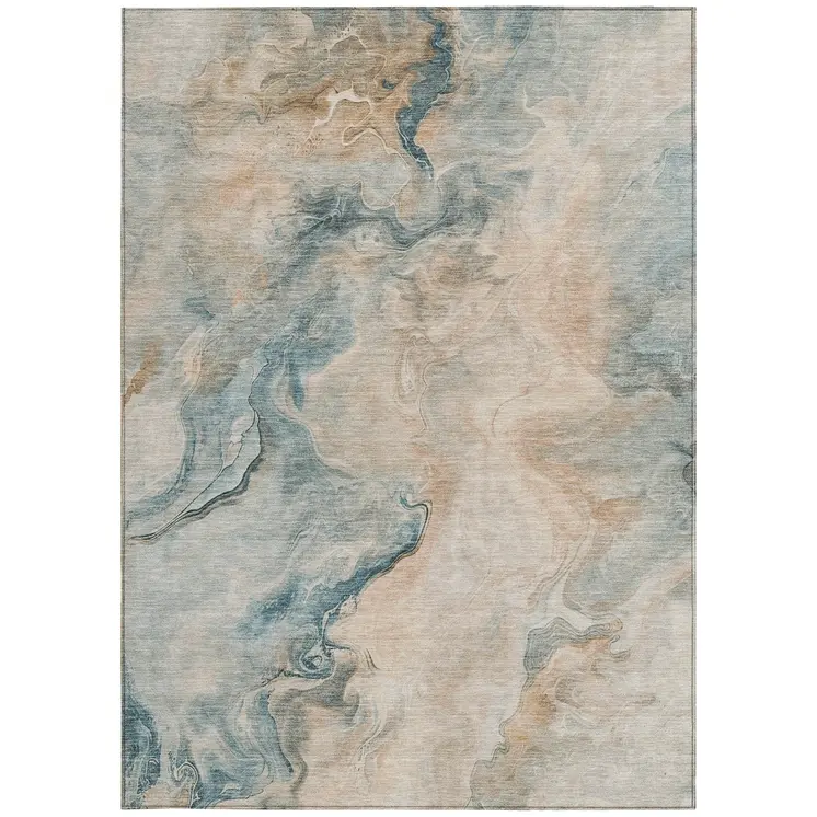 9' X 12' Teal Blue Coral And Ivory Abstract Washable Indoor Outdoor Area Rug