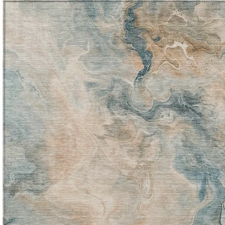 10' X 14' Teal Blue Coral And Ivory Abstract Washable Indoor Outdoor Area Rug