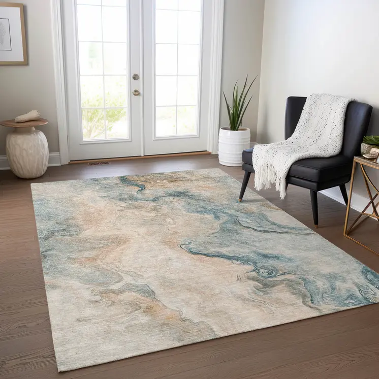 10' X 14' Teal Blue Coral And Ivory Abstract Washable Indoor Outdoor Area Rug
