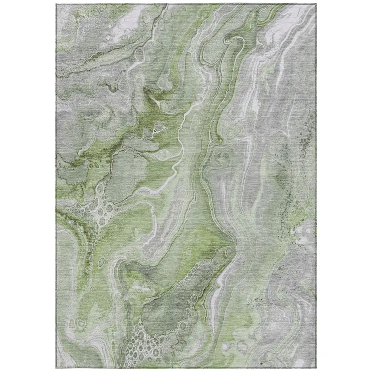3' X 5' Artichoke Green And Ivory Abstract Washable Indoor Outdoor Area Rug
