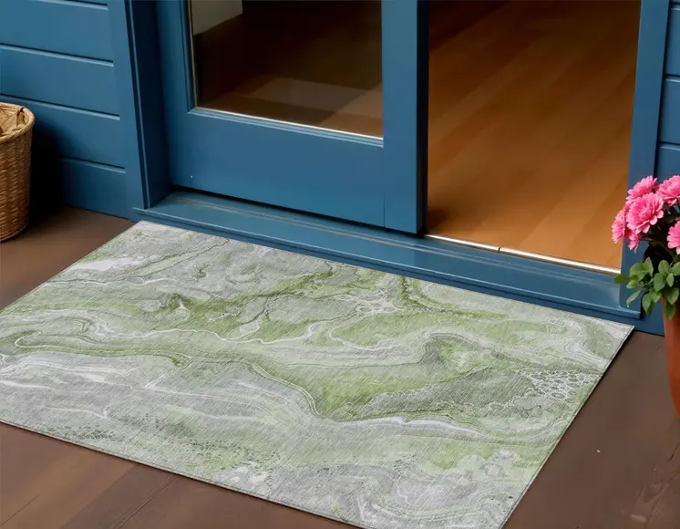 3' X 5' Artichoke Green And Ivory Abstract Washable Indoor Outdoor Area Rug
