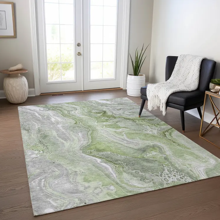 3' X 5' Artichoke Green And Ivory Abstract Washable Indoor Outdoor Area Rug