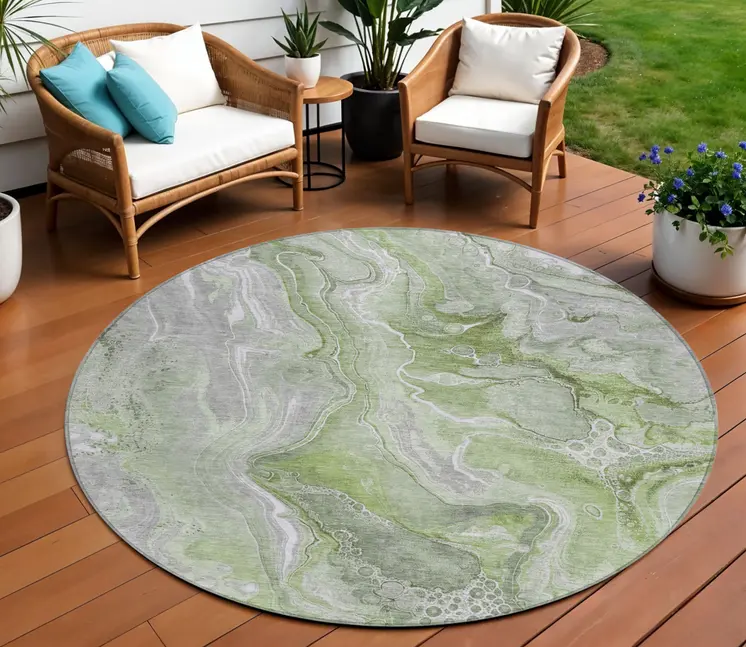 8' Artichoke Green And Ivory Round Abstract Washable Indoor Outdoor Area Rug