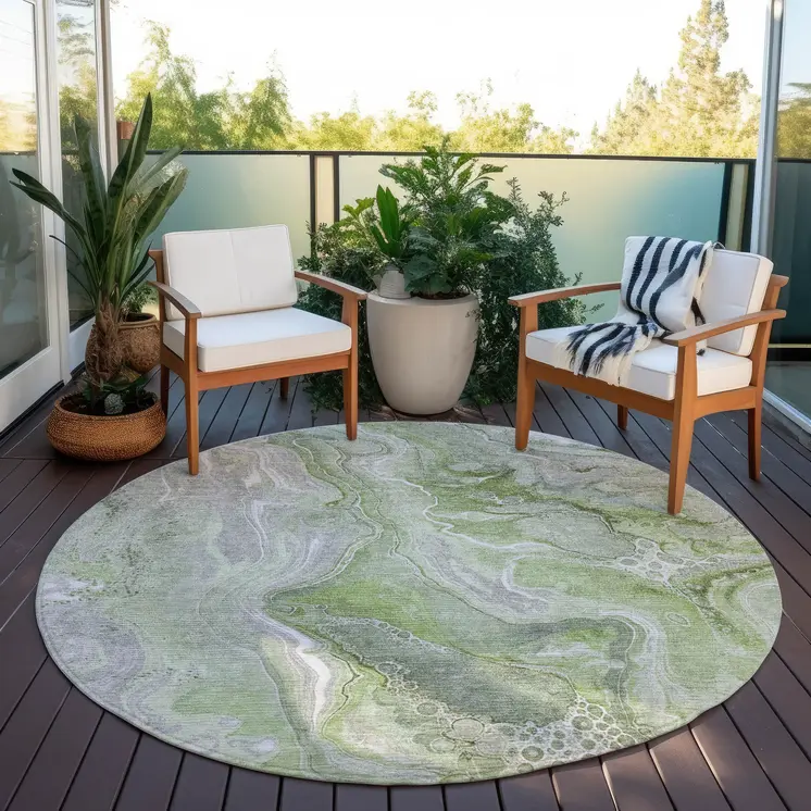 8' Artichoke Green And Ivory Round Abstract Washable Indoor Outdoor Area Rug