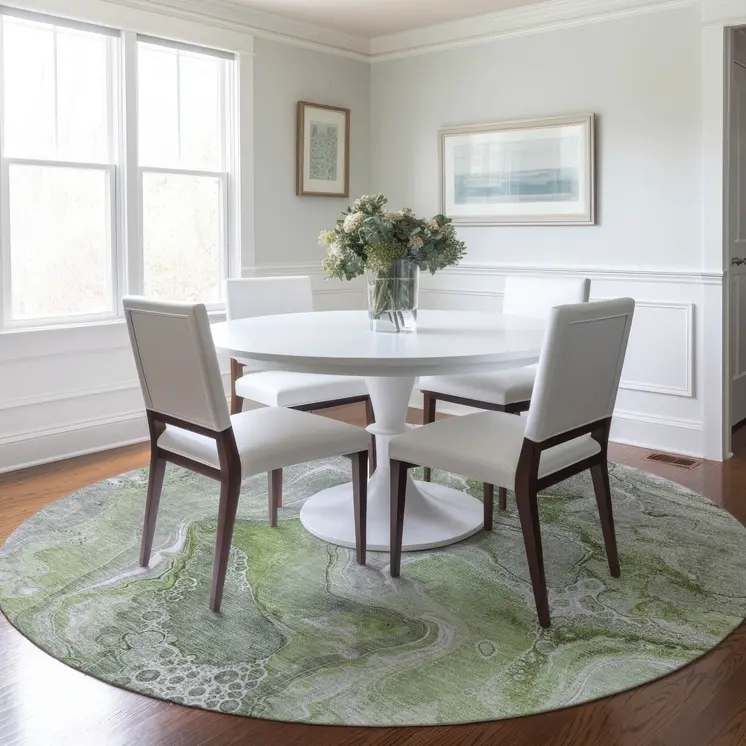 8' Artichoke Green And Ivory Round Abstract Washable Indoor Outdoor Area Rug