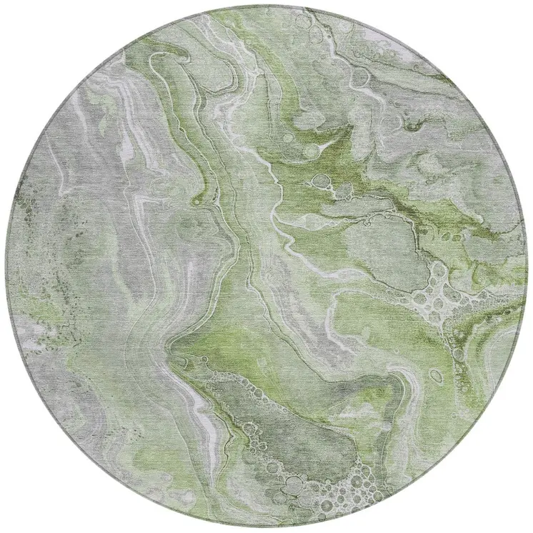 8' Artichoke Green And Ivory Round Abstract Washable Indoor Outdoor Area Rug