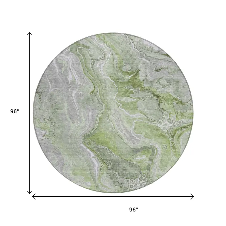 8' Artichoke Green And Ivory Round Abstract Washable Indoor Outdoor Area Rug