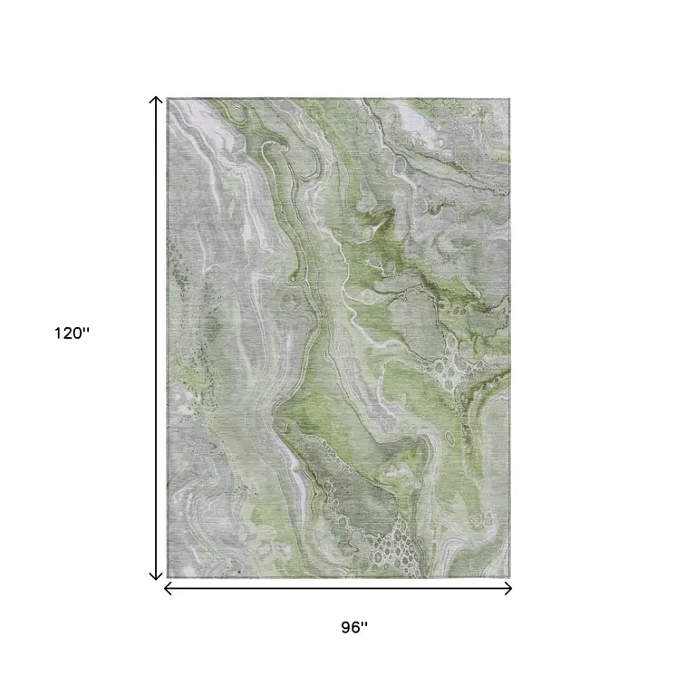 8' X 10' Artichoke Green And Ivory Abstract Washable Indoor Outdoor Area Rug