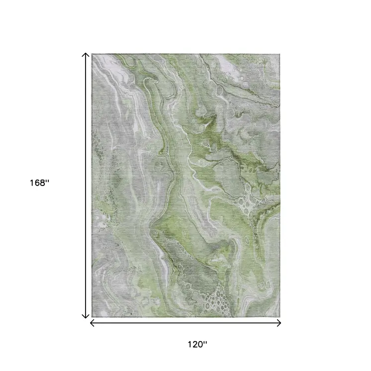 10' X 14' Artichoke Green And Ivory Abstract Washable Indoor Outdoor Area Rug
