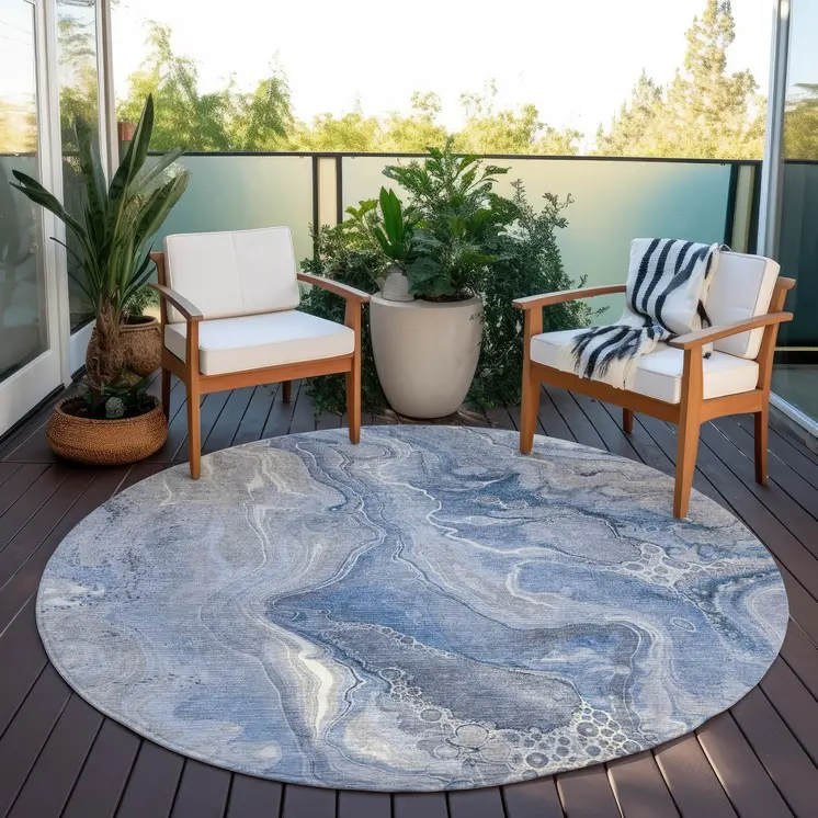 8' Denim Blue And Ivory Round Abstract Washable Indoor Outdoor Area Rug