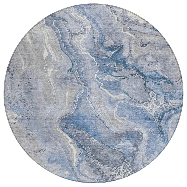 8' Denim Blue And Ivory Round Abstract Washable Indoor Outdoor Area Rug