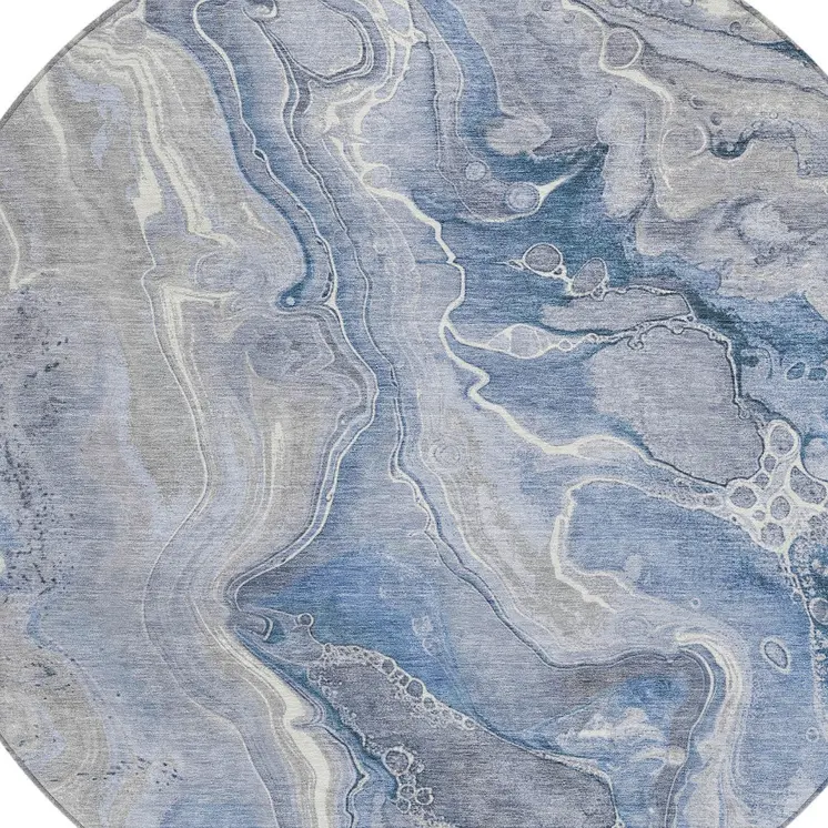 8' Denim Blue And Ivory Round Abstract Washable Indoor Outdoor Area Rug