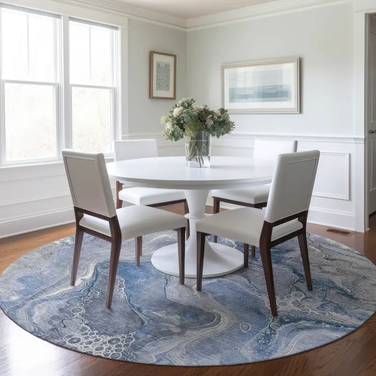 8' Denim Blue And Ivory Round Abstract Washable Indoor Outdoor Area Rug
