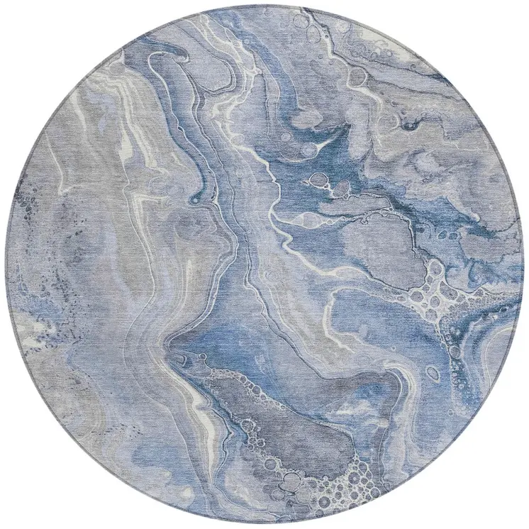 8' Denim Blue And Ivory Round Abstract Washable Indoor Outdoor Area Rug
