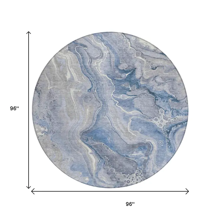 8' Denim Blue And Ivory Round Abstract Washable Indoor Outdoor Area Rug