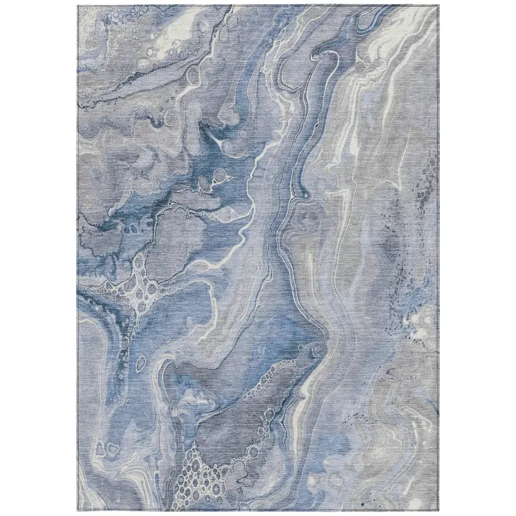 8' X 10' Denim Blue And Ivory Abstract Washable Indoor Outdoor Area Rug