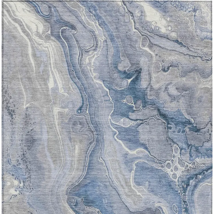 9' X 12' Denim Blue And Ivory Abstract Washable Indoor Outdoor Area Rug