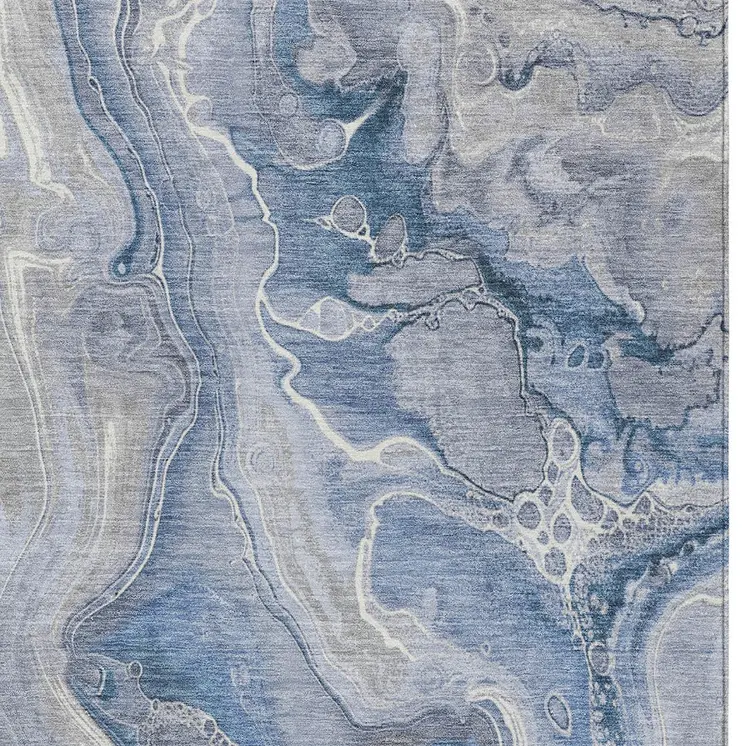 9' X 12' Denim Blue And Ivory Abstract Washable Indoor Outdoor Area Rug