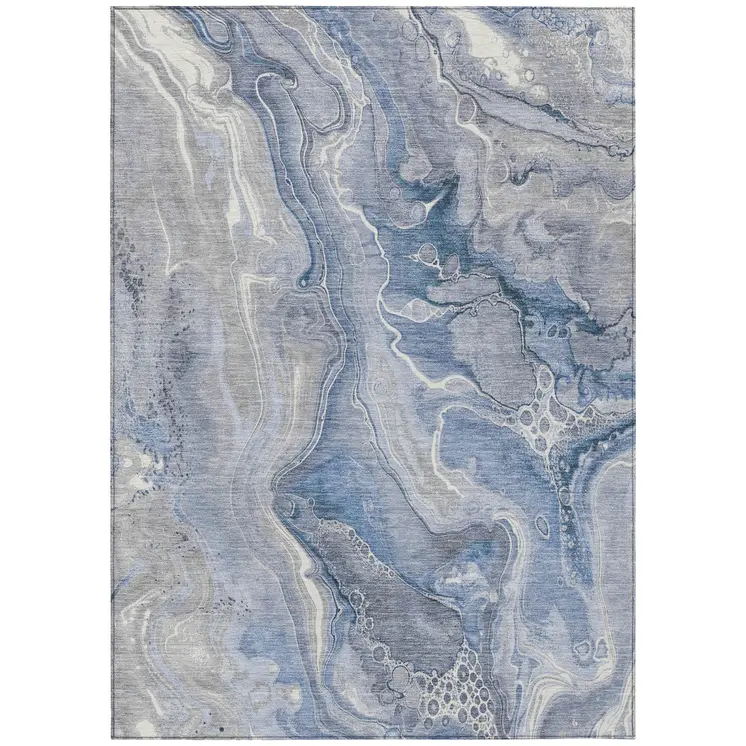 10' X 14' Denim Blue And Ivory Abstract Washable Indoor Outdoor Area Rug