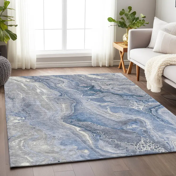 10' X 14' Denim Blue And Ivory Abstract Washable Indoor Outdoor Area Rug
