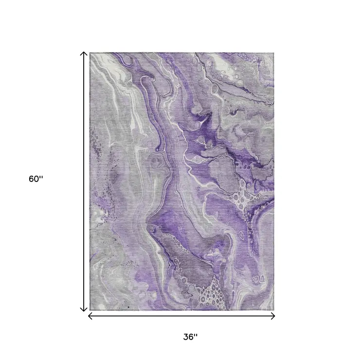 3' X 5' Purple And Ivory Abstract Washable Indoor Outdoor Area Rug
