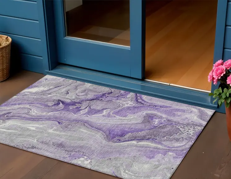 3' X 5' Purple And Ivory Abstract Washable Indoor Outdoor Area Rug