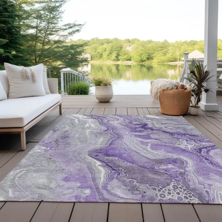 3' X 5' Purple And Ivory Abstract Washable Indoor Outdoor Area Rug