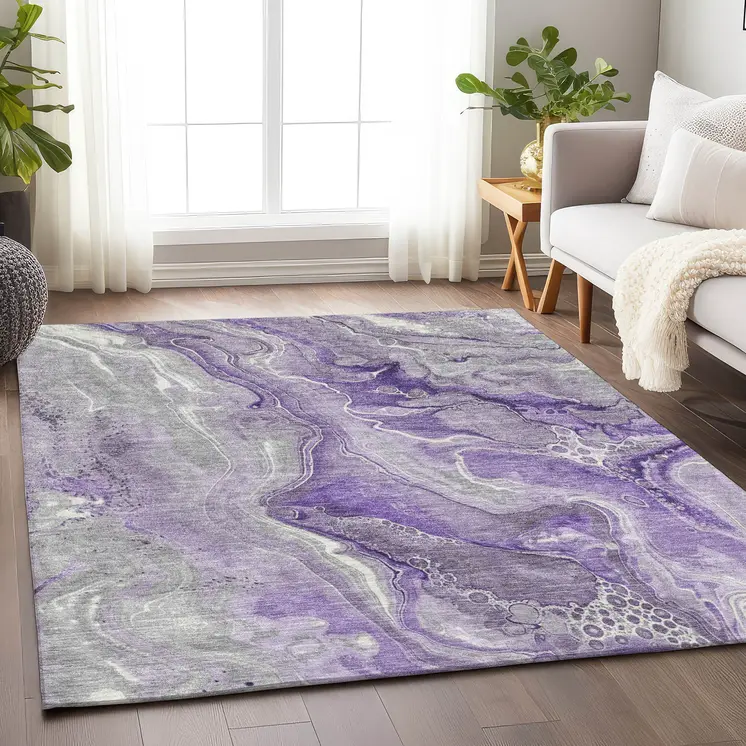 5' X 8' Purple And Ivory Abstract Washable Indoor Outdoor Area Rug